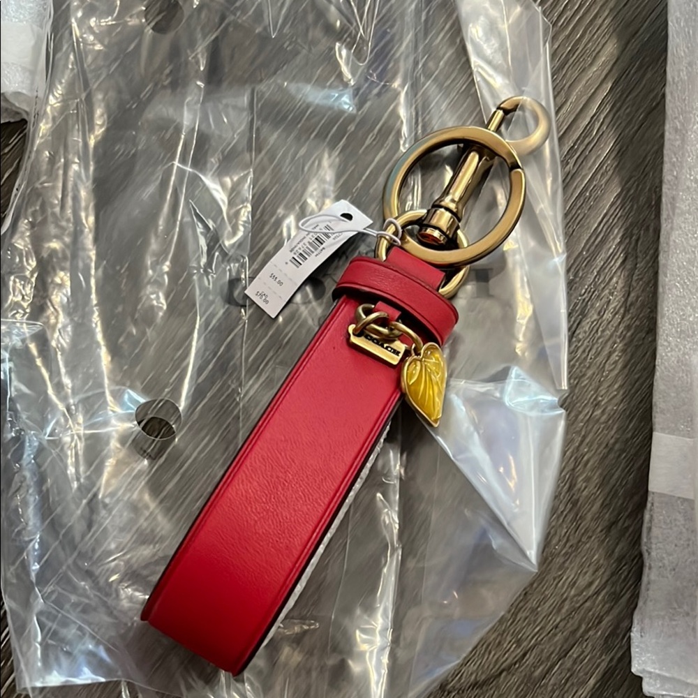 Coach Red Leather Keychain with Gold Accents